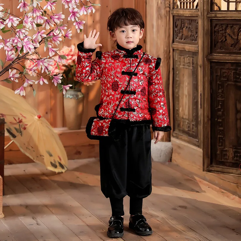 2022 New Winter Boy Prince Party Birthday Wedding Costume 2PCS Retro Tang Suit Hanfu Xmas Children Chinese New Year Clothing