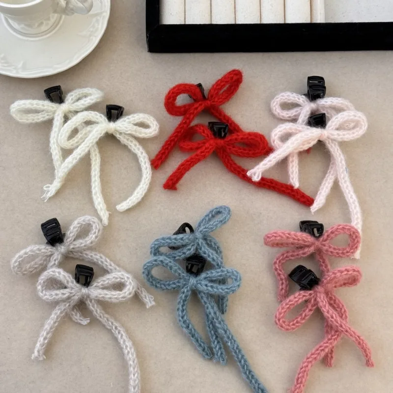 Soft waxy knitted wool bow hairpin sweet sister versatile change color grab clip double ponytail twist streamer hair accessories