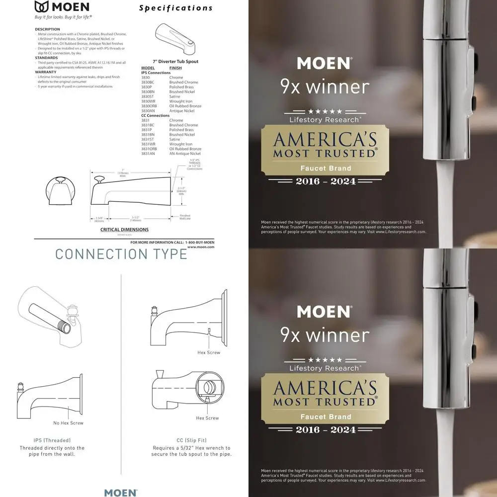 

Chrome-Finish Tub Diverter with Spout, 3830 Model