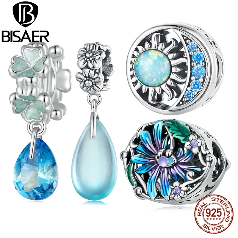 

BISAER 925 Sterling Silver Moon Stars Charm Bead Water Drop Blue Opel Pendant Fit Women DIY Bracelet Fine Jewelry Gift