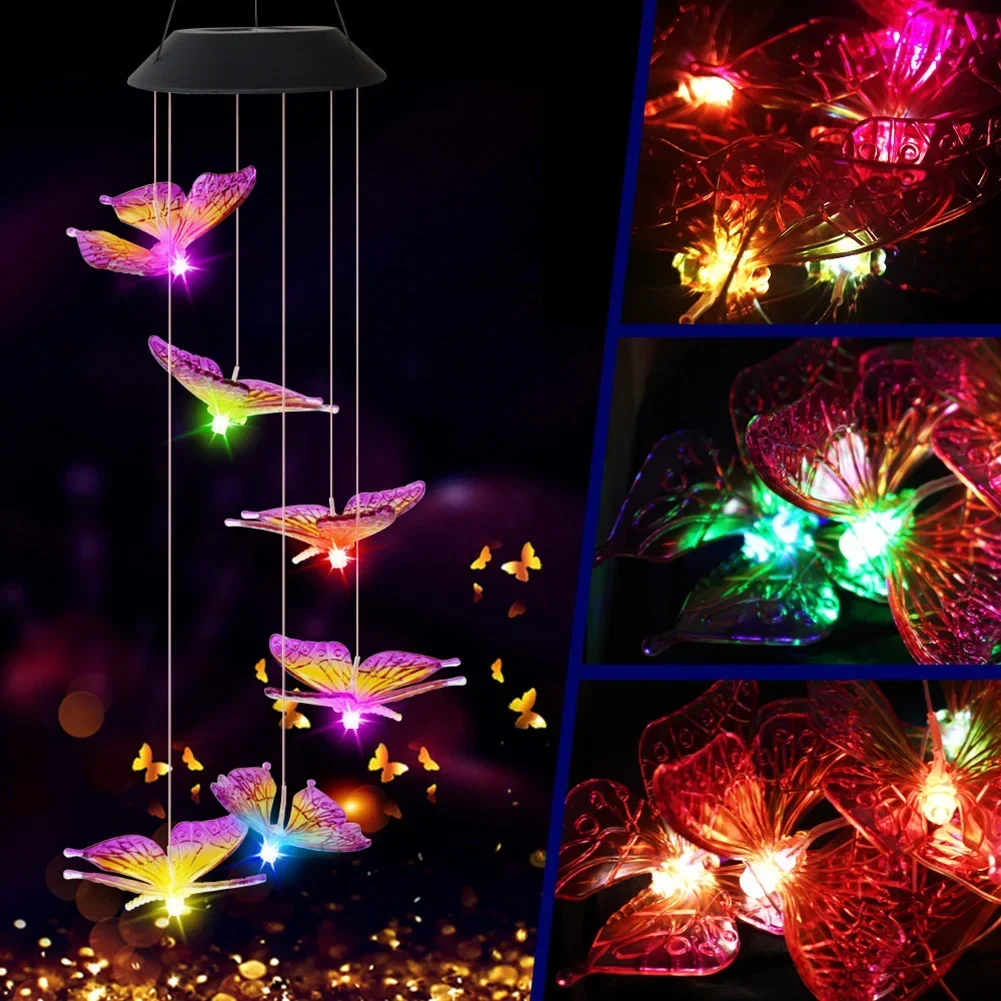 Led تغيير لون الرياح الشمسية الرنين ضوء مقاوم للماء في الهواء الطلق Windchime فراشة ضوء مصباح معلق بالطاقة الشمسية لتزيين الحديقة