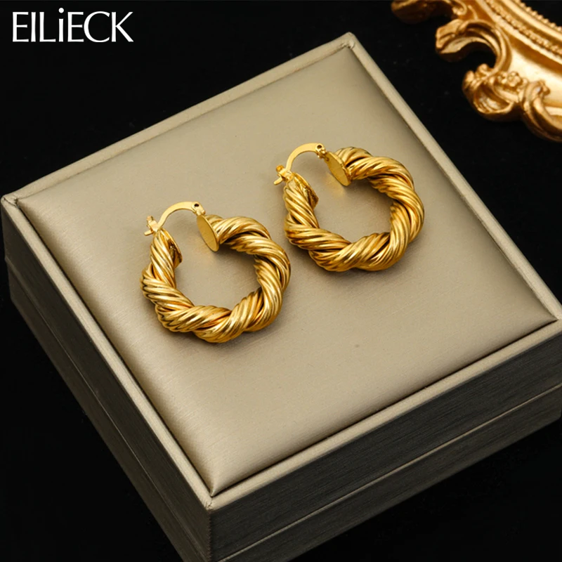 EILIECK 316L Stainless Steel Gold Color Twist Hoop Earrings For Women Fashion Ear Buckle Waterproof Earring Jewelry Gift Party