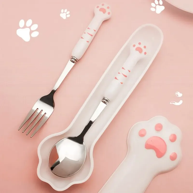 

Stainless Steel Spoon and Fork Set with Box Portable Tableware Cute Cat Paw Shaped Dinnerware Kit Adults School