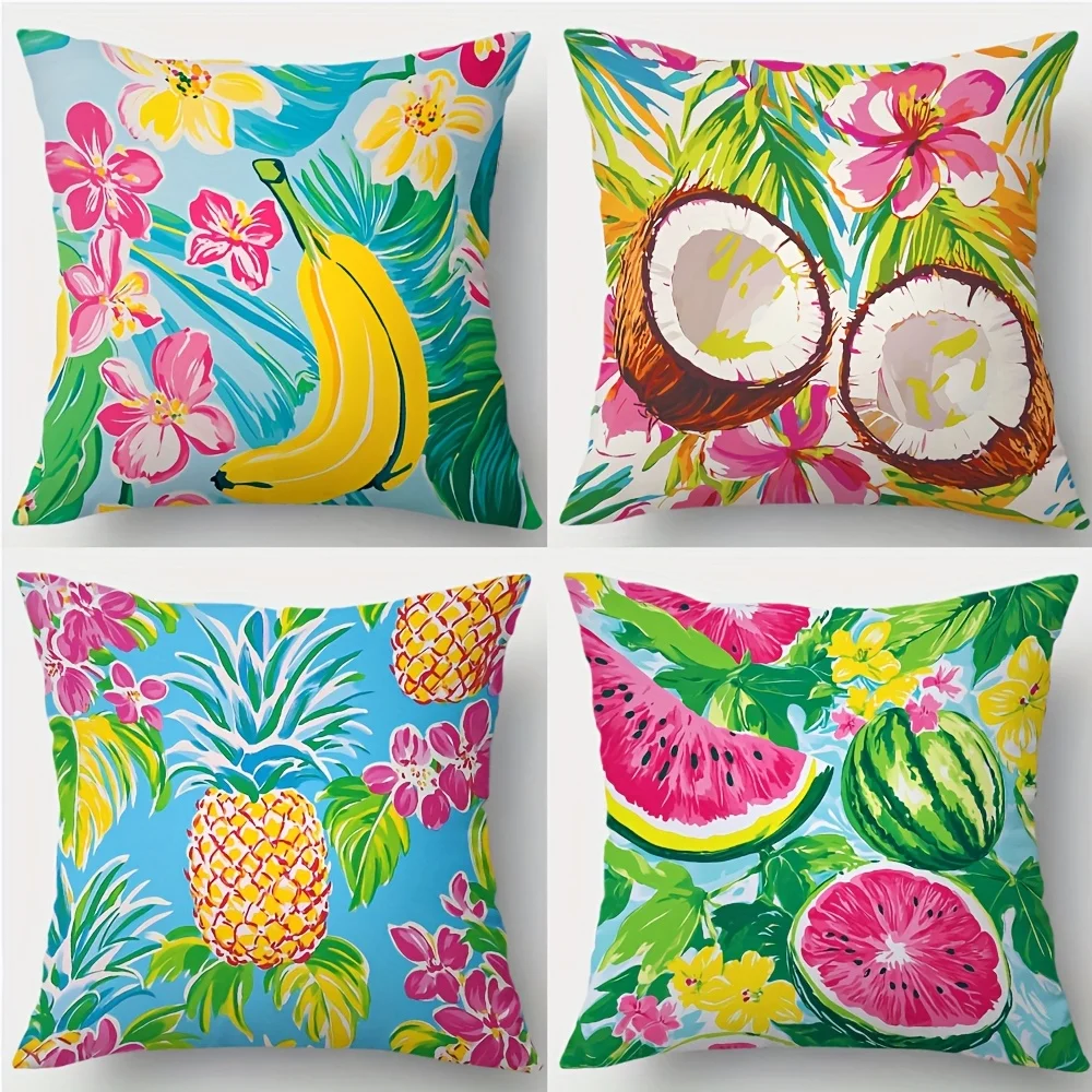 Tropical Floral Pillowcase Set 4pcs Cushions Summer Decorative Banana Pineapple Coconut Watermelon Prints 45x45cm Home Decor