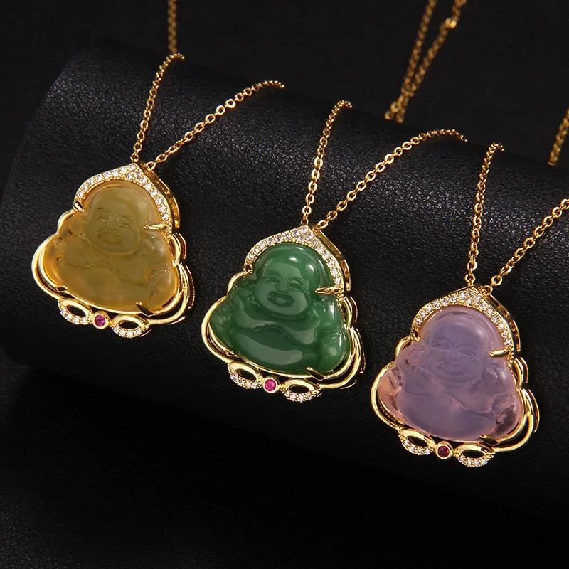 Vintage Maitreya Buddha  Imitation Grandmother Green Jade Lotus Zircon Light Luxury Fashion Accessory Lucky Ruyi Necklace