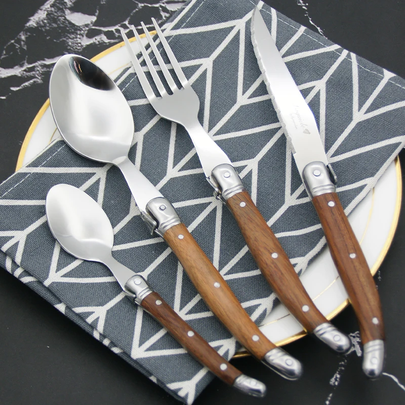 4-6pcs Laguiole Steak Knives and Forks set Stainless Steel Dinner Knife Fork and Spoon Wood Handle Tableware Set Dinnerware set