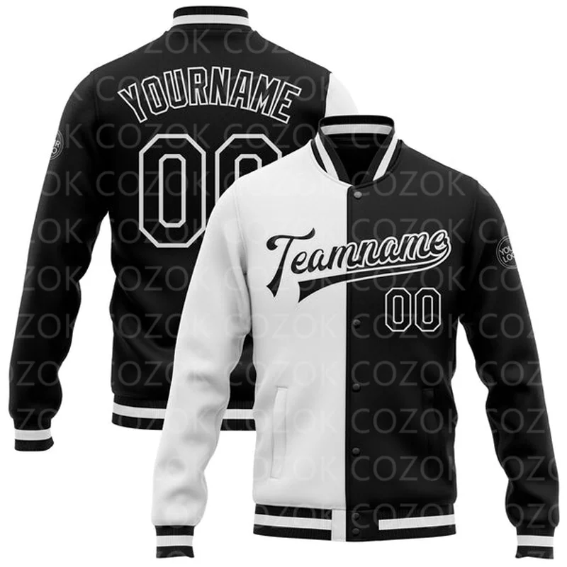 

Custom Black splice 3D Printed Baseball Button Jacket Bomber Full-Snap Varsity Letterman Jacket