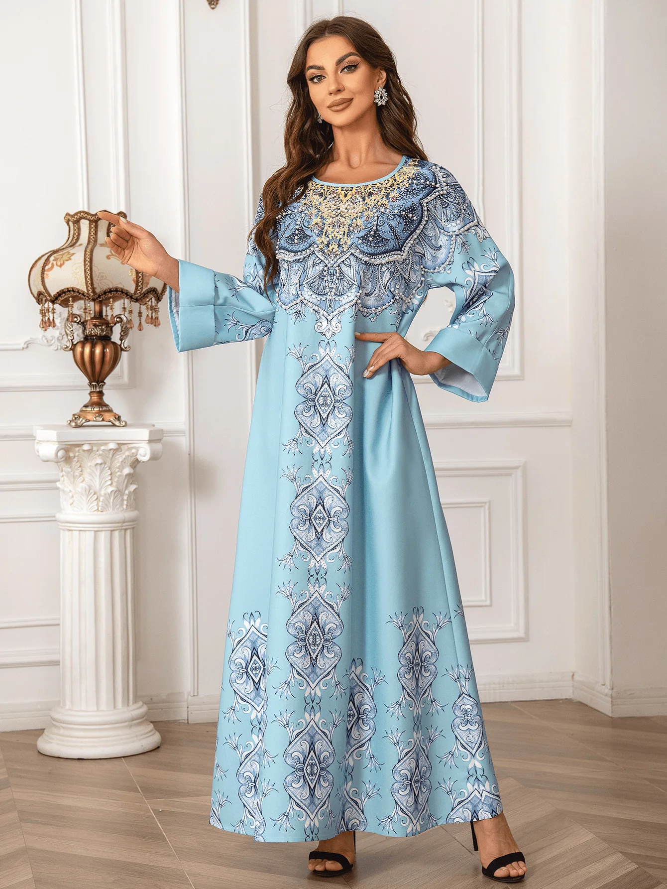 Diamond Printed Dress for Women Fashion Light Luxury Muslim Dress Women Abaya Dubai Clothes for Muslim Women Elegance Vestidos