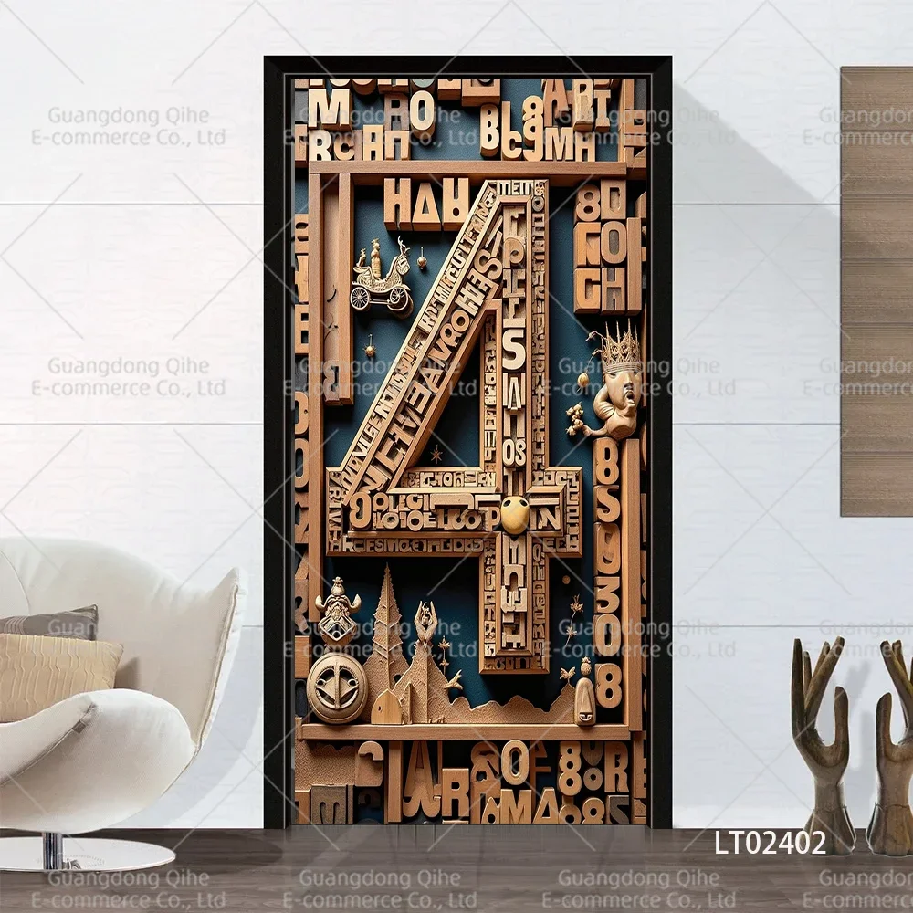 Creative Wood Carving Decorative Painting Drink Can Whale PVC Doors Sticker Full Door Wrap Wallpaper Customize Home Poster
