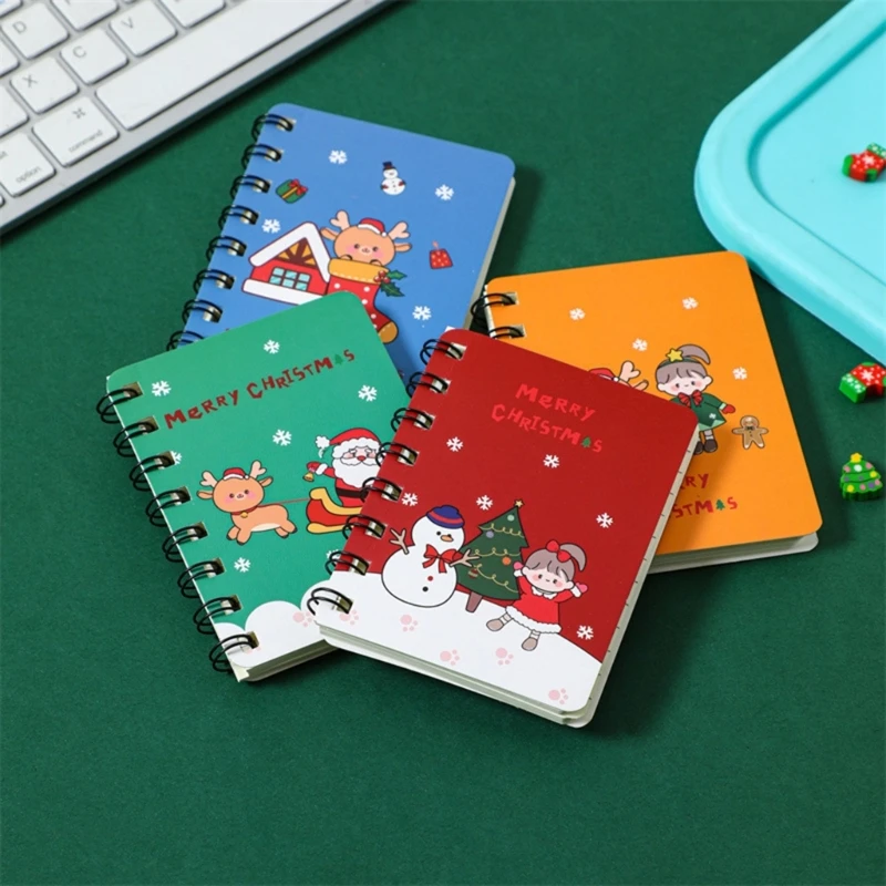 4 Pieces Small Christmas Notebook Twin-coil Binding Mini Cartoon Notebook Pocket Writing Pad for Kid Adult Writing