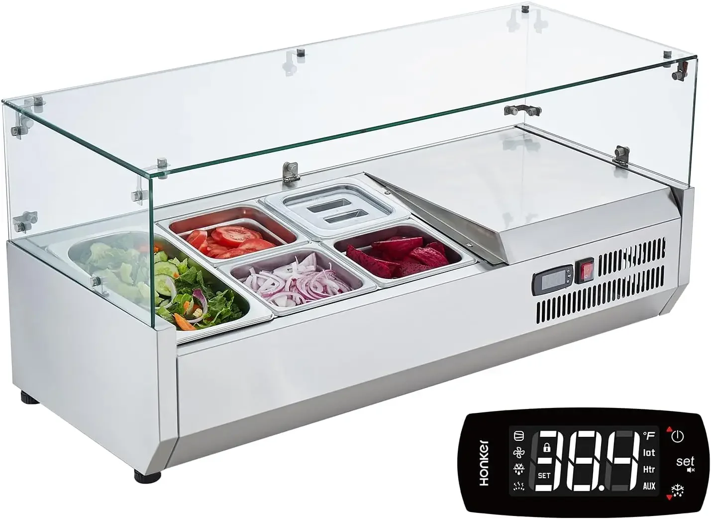 Refrigerated Condiment Prep Station, 130 W Countertop Refrigerated Condiment Station, with 1 1/3 Pan & 4 1/6 Pans