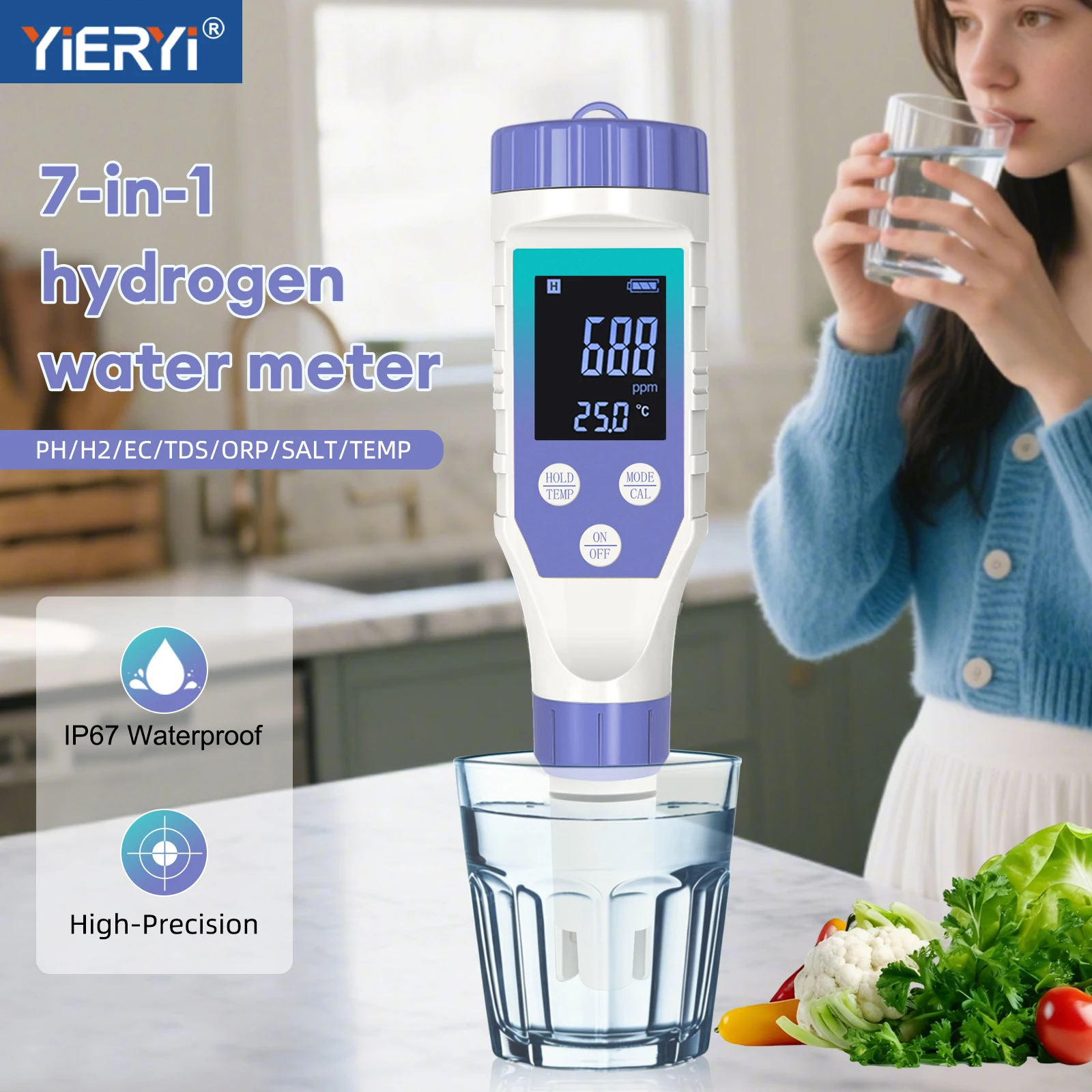 Yieryi 7-in-1 Wasserqualitätstester Digitales pH TDS EC ORP SALT Temp Messgerät Präziser Wassertester für Aquarium Hydrokultur
