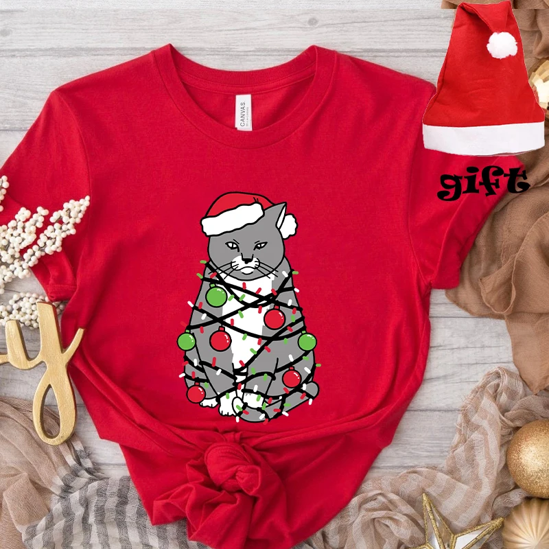 Christmas Lights T-Shirt for Women with Christmas Hats Cute Cat Xmas Print Tops Short Sleeve Tee Party Tshirt Female Clothing