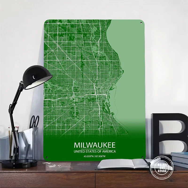 Milwaukee USA Green Map 3D Texture Metal Poster Customized Wall Art Tin Sign Gift for Mancave Bedroom Decorations Bathroom Decor