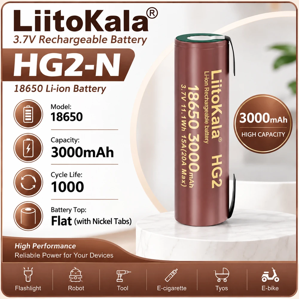LiitoKala HG2 18650 3000mAh 3.7V High Power Discharge Rechargeable Battery for Electric Drill Speaker with 30A Large Current