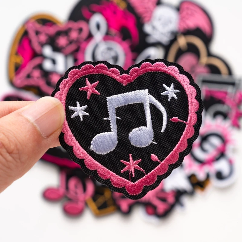 New Gothic Fashion Music Note Heart Wings Skull Black Pink Iron-on Patch Embroidery Sewing Badge Gift DIY Clothing Bag Accessory