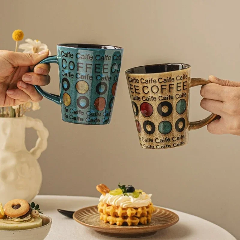 Gift‑Boxed Retro Ceramic Mug Creative Letter Dot Coffee Cup Home Milk Drinking Cup Couple Mug with Lid and Spoon Gift Cup