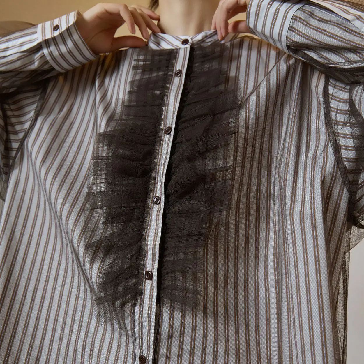 Retro Striped Mesh Splicing Shirt Women's Age-reducing Temperament Versatile Design Sense Thin Top Casual Lazy Spring Exquisite