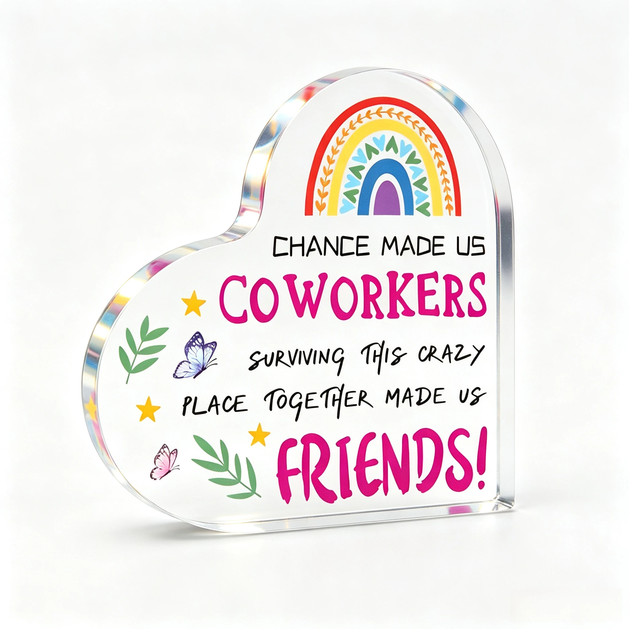 Chance Made Us Coworkers Heart‑Shaped Acrylic Tabletop Plaque, Rainbow Butterfly Coworker Gift Desk Decor