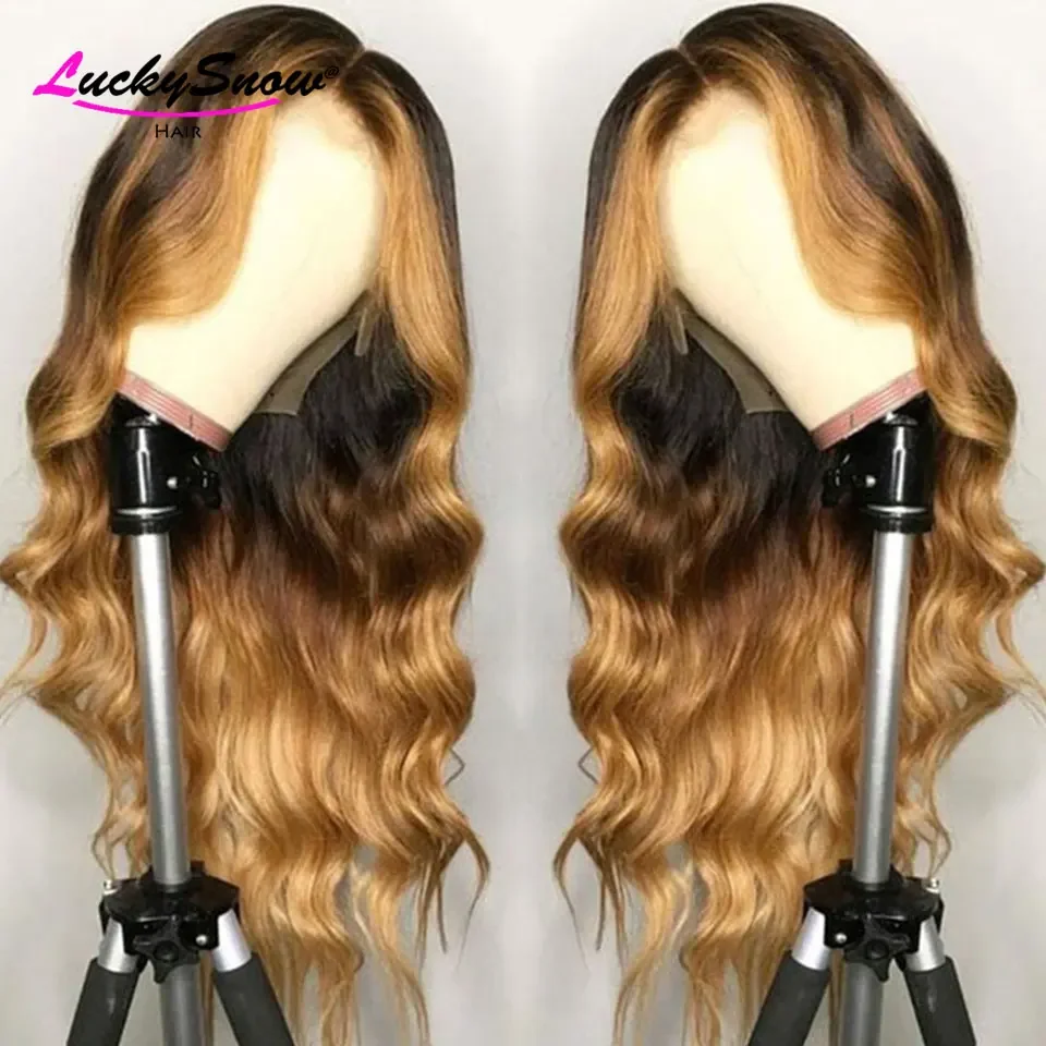 

High Quality Bzilian Human Hair Wig 180 Density Transparent Lace Frontal Wigs Ombre Black Brown Body Wave Wear And Go For Women