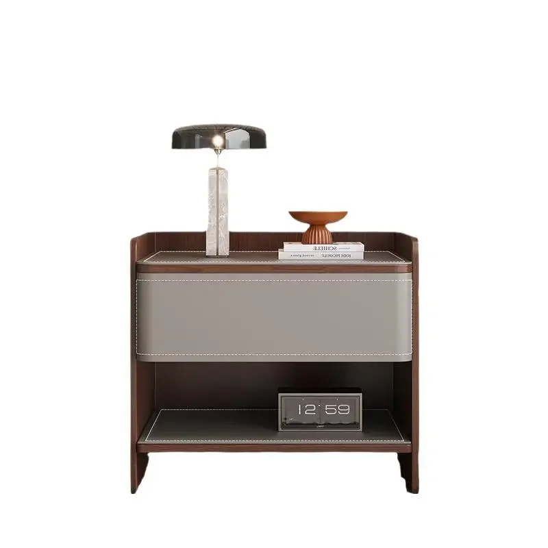 Hotel bedside table simple bed and breakfast saddle leather bedroom storage cabinet light luxury solid wood paint-free hotel