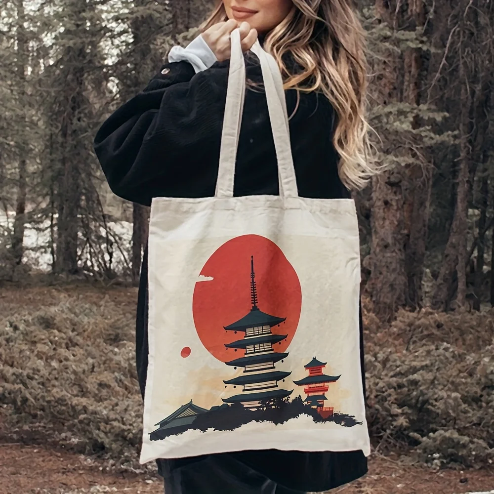1pc Traditional Japanese Pagoda & Cherry Blossom Canvas Tote Bag - Reusable Grocery Bag with Leak-Proof Design, 35.05cm x 40.13c