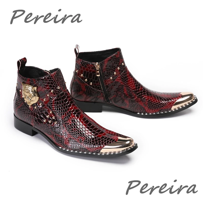 Metal Tiger Rivet Men Ankle Boots Snake Pattern Mixed Colors Chelsea Boots Luxury Square Toe Zipper Party Club Male Casual Shoes