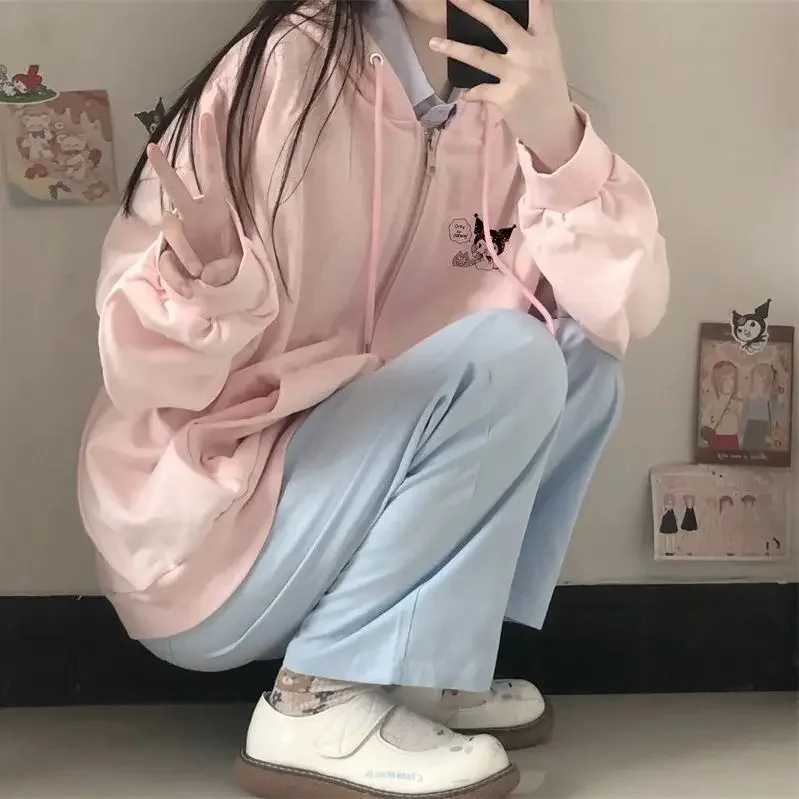 Japanese Sanrio Kuromi Cute Cartoon Embroidered Hooded Cardigan Female Spring Autumn Loose Pink Vintage Cardigan Zip Up Hoodie