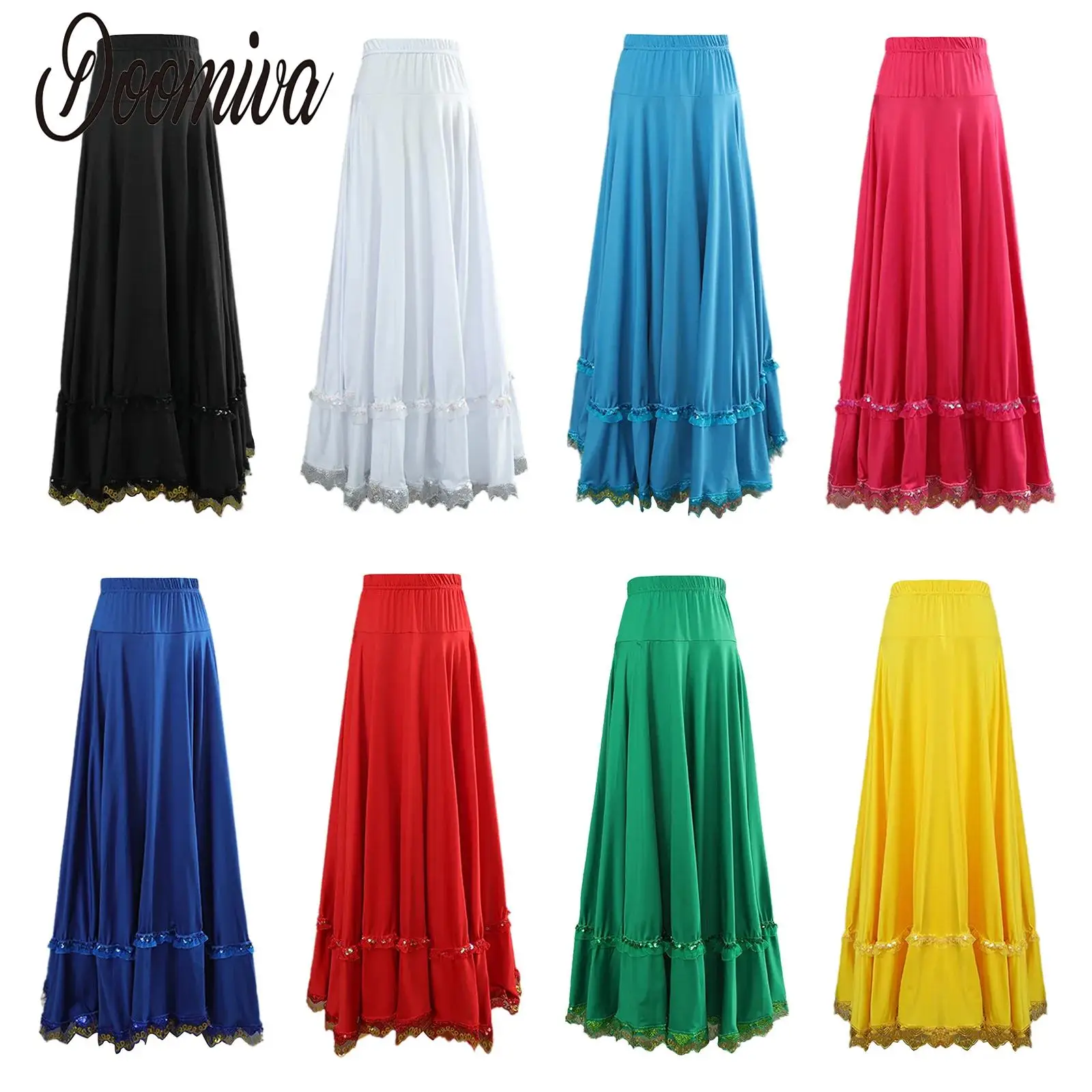 Women Ballroom Flamenco Dance Skirts Lyrical Ballroom Flowy Maxi Skirts for Ballet Classical Ethnic Dance Performance Costumes