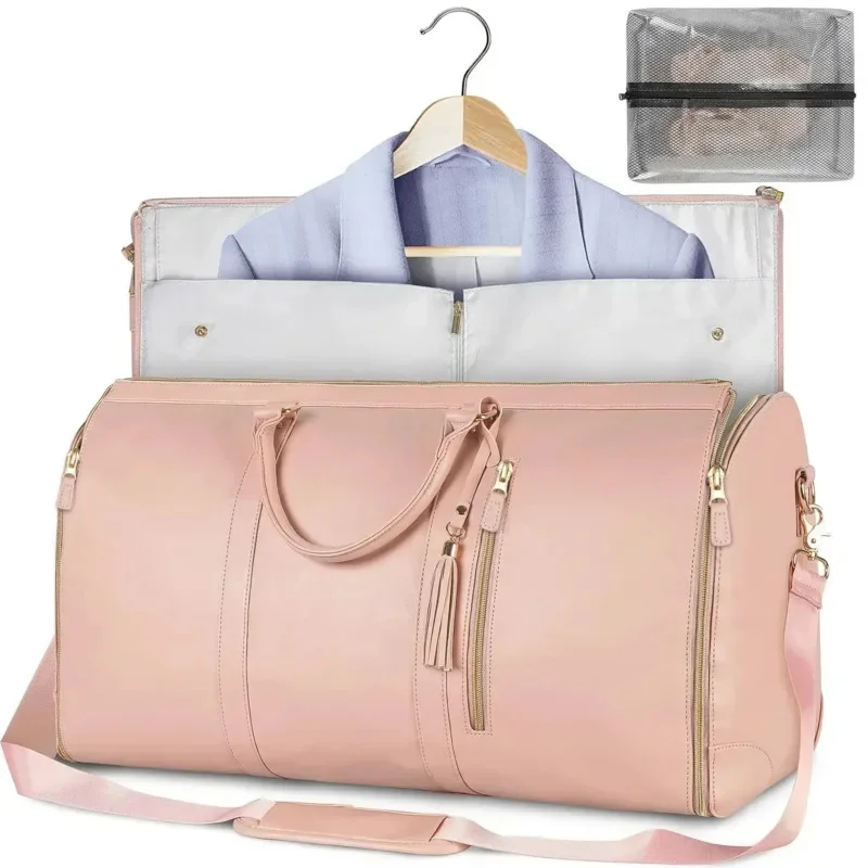 Macaron Pink Large Portable Foldable Women's Clothing Pu Travel Bag Suit Wrinkle Resistant Men's Portable Business Trip Handbag