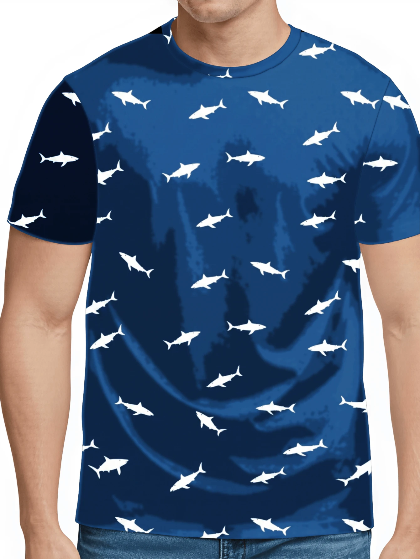 Casual Style, Men's T-Shirt, White Shark Pattern On Blue Background, Summer Beach Wear, All Over Print Short Sleeve T-Shirt,