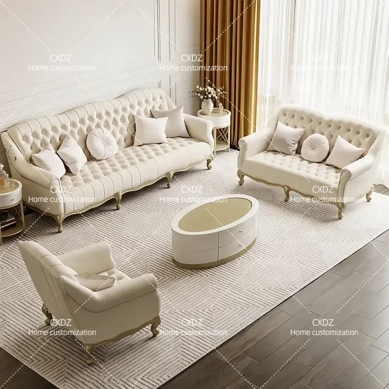 American light luxury solid wood leather sofa European living room high-end sofa combination Tourist movement high-end villa
