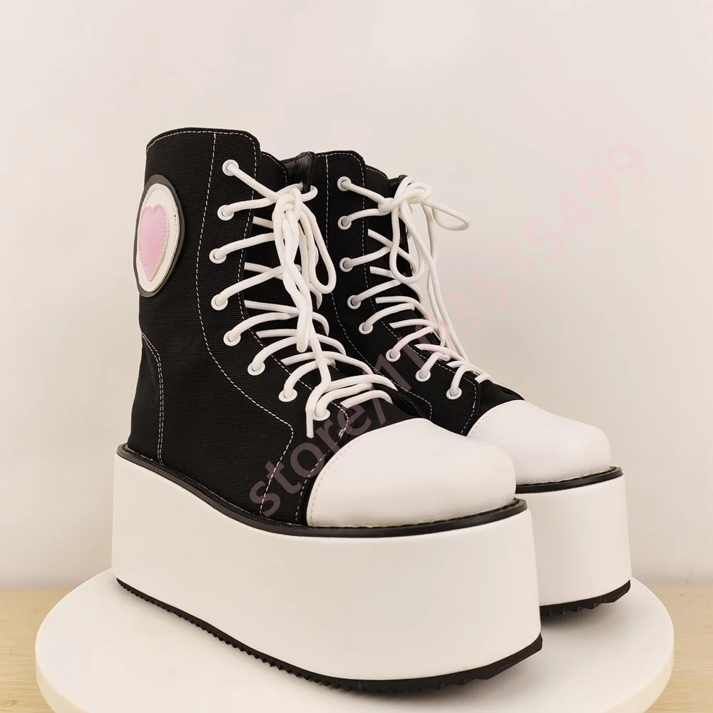 Platform Fashion Women's Canvas Shoes 2025 Autumn New Round Toe Street Style Cross Lace Short Boots Love Sports Casual Boots