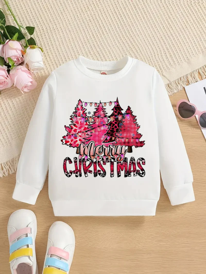 Merry Christmas and Christmas tree printing Kids\' hoodie white It can be worn in autumn and winter Give as a gift