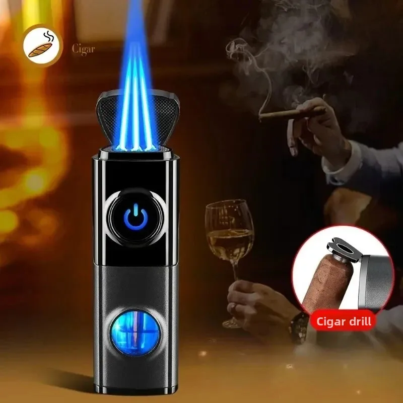 High-end Cigar Specific Three Fire Butane Gas Lighter Lighter High Power Metal Portable Igniter Smoking Accessories Men's Gift