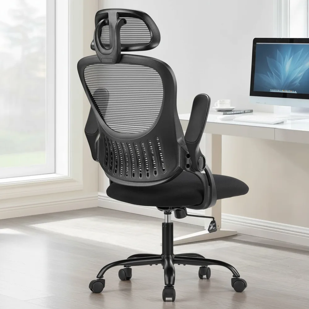 كرسي مكتب شبكي مريح عالي الظهر مع مسند رأس قابل للتعديل، ودعم قطني، وأذرع قابلة للطي لراحة ألعاب الدراسة المنزلية #1