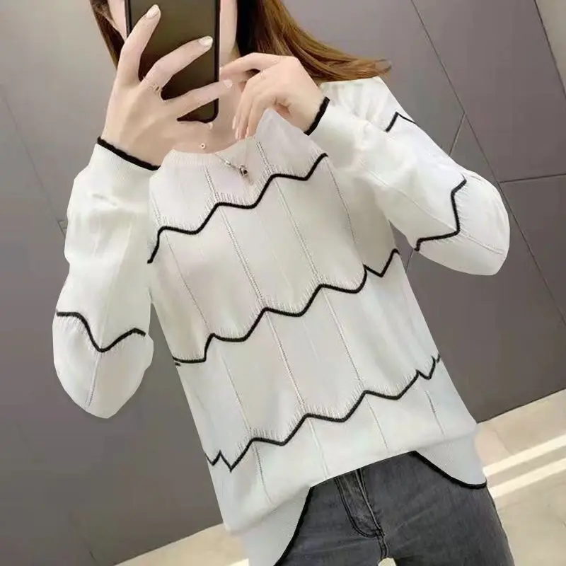 

Spring Autumn O-neck Chic Knitted Pullover Shirt Women Clothing Trend Splicing Knit Sweater Soft Long Sleeves Tops Jumper New