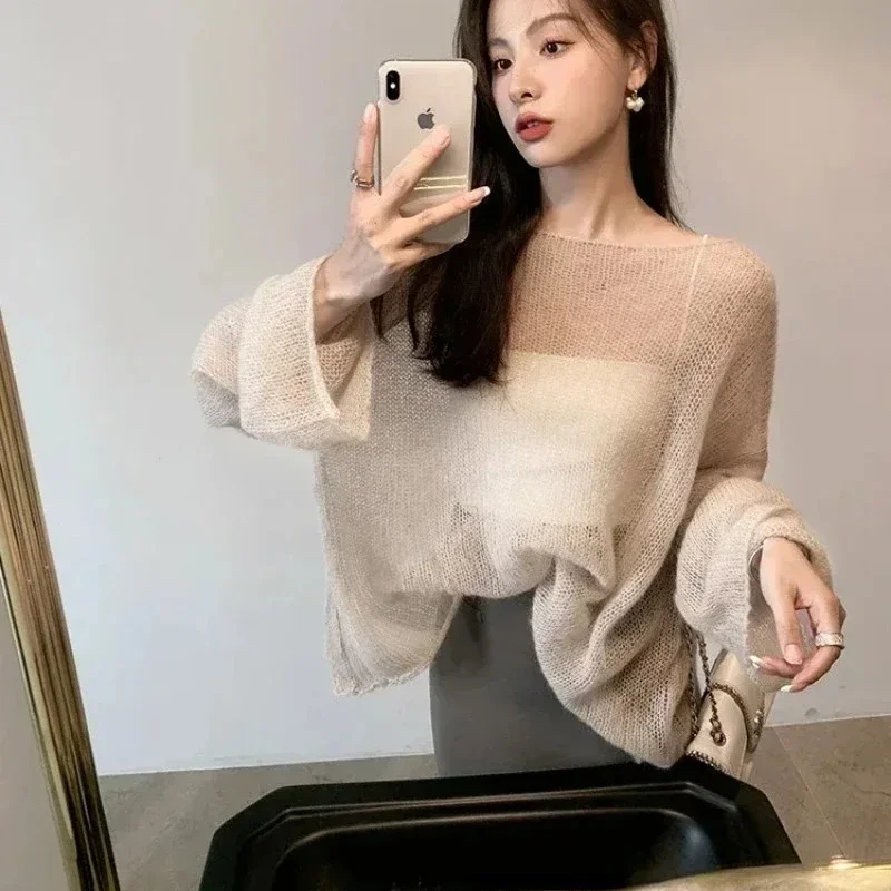 

Sexy Solid Oversized Women Pullover Mohair Sweater Loose Off Shoulder Hollow Knit See Through Harajuku Long Sleeve Sweater