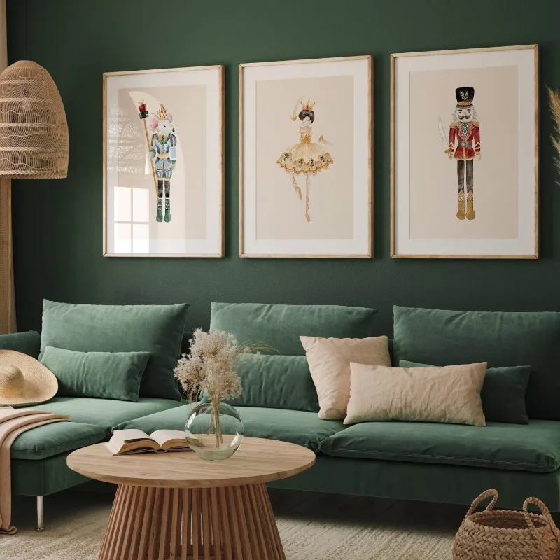 Juego de 3 Cuadros Decorativos sin Marco, Impresiones Navideñas de Cascanueces, Rey Ratón, Bailarina y Soldado, Decoración Festiva para el Hogar