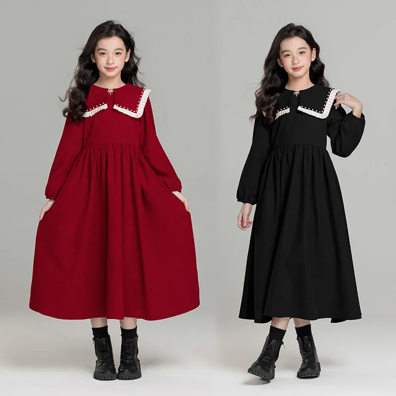 

Girls' Red Stylish Princess Dress Autumn Winter New Style for Older Girls Doll Collar College Style Long Sleeve Dress