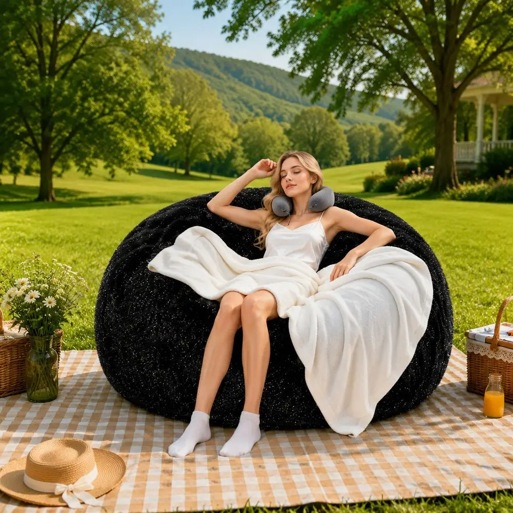 Oversized Shimmer Faux Fur Bean Bag Chair, Removable Washable Lock Zipper Cover, HighDensity Rebound Foam Filling, AntiSlip Dot