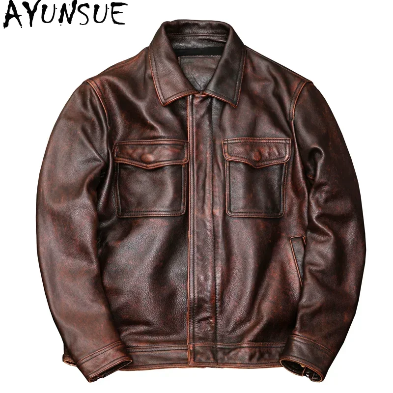 AYUNSUE Men Leather Jacket Autumn Genuine Cow Leather Jackets for Men Vintage Cowhide Coats Motorcycle Leather Coats Jaquetas