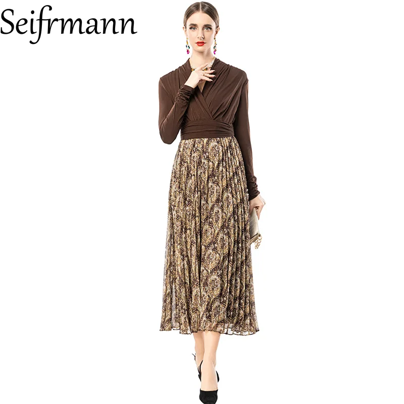 Seifrmann 2026 Spring Women's New Fashion V-neck Long Sleeve Splicing Mesh Skirt Leopard Pattern Folded Waist Dress