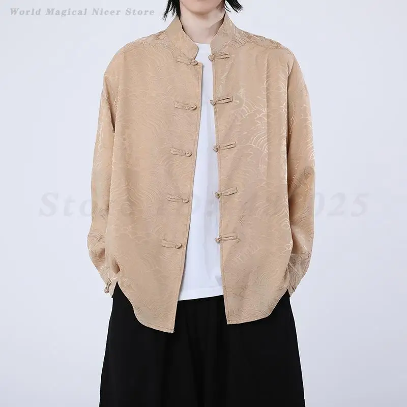 New Chinese Style Tang Suit Top Shirt Retro Jacquard Traditional Clothes Print Blouse Button Up Hanfu Autumn Loose Casual Coat