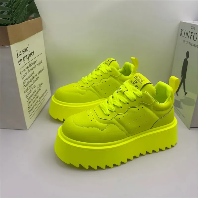 Designer Men's Fluorescent Green All Match Lace Up Thick-soled Causal Shoes Male Brand Fashion Flats Moccasins Walking Sneakers