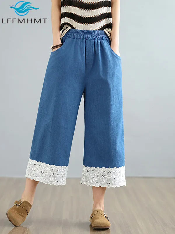 Lace Patchwork Wide-leg Cropped Denim Pants for Women Summer Fashion Solid Color Simple Classical Fresh Style Loose Casual Jeans