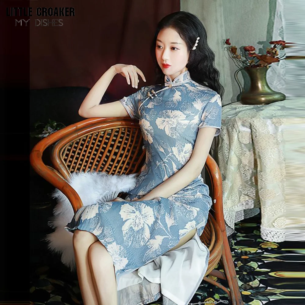 Chinese Traditional Dress Women China Culture Clothes New Floral Print Qi Pao Sky Blue Vintage Cheongsam Qipao Chongsam Dress