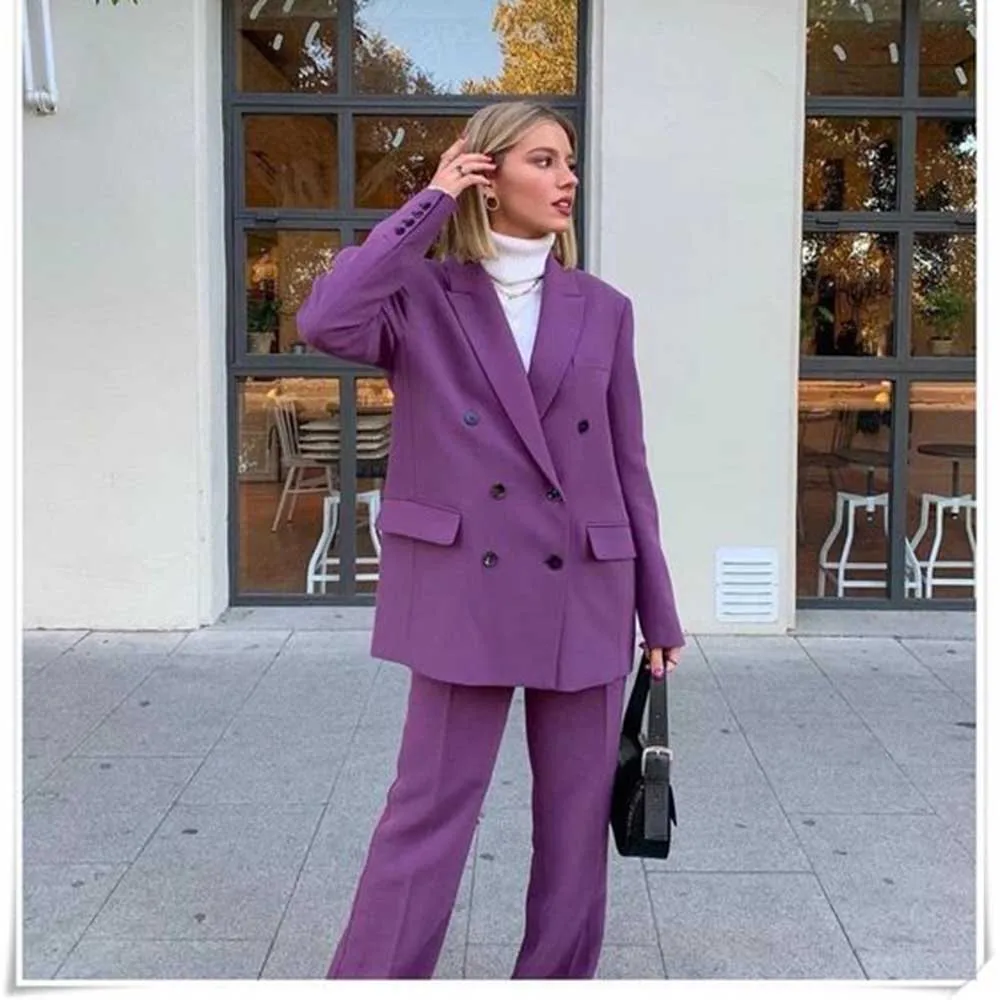 Luxury Purple Suit for Women Double Breasted Notch Lapel 2 Piece jacket Pants Female Clothing Slim Fit Office Lady's Blazer Set