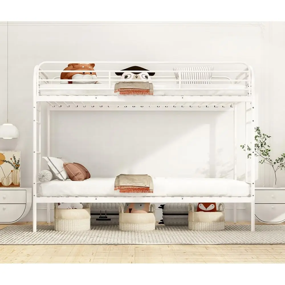 Sturdy Twin Metal Bunk Bed with 2 Ladders, 400lbs Capacity, Space-Efficient, Full Guardrail, Easy Assembly - White