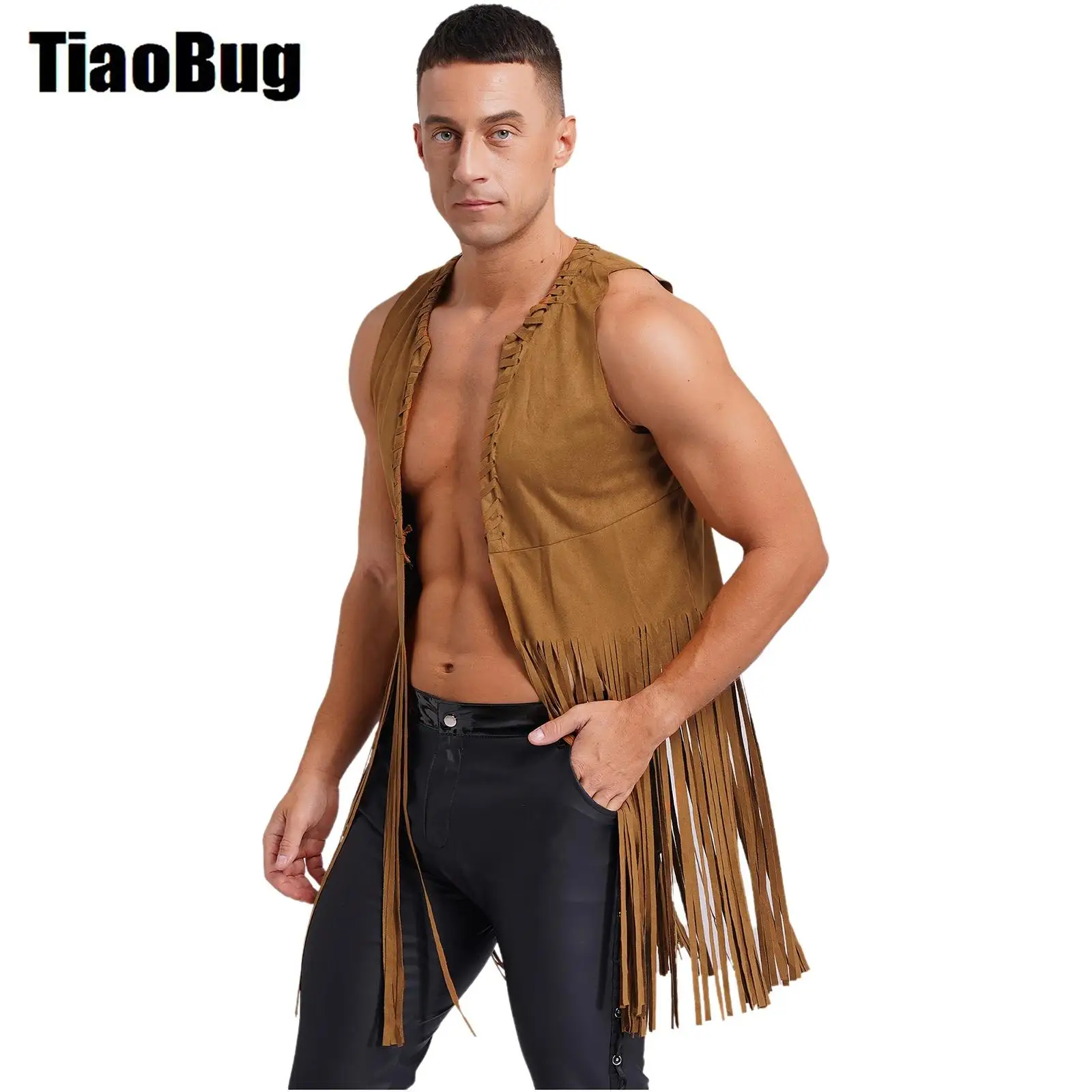 

Mens Tassels Cowboy Vest Vintage Fringe Hippy Long Waistcoat Open Front Loose Suede Tank Top Costumes for Halloween Cosplay